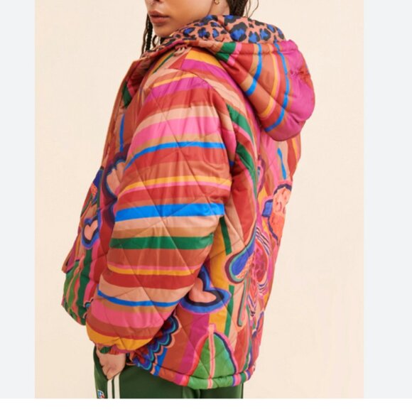 FARM Rio Reversible Hooded Puffer Coat Animal Print Dopamine Tropical - Picture 2 of 16